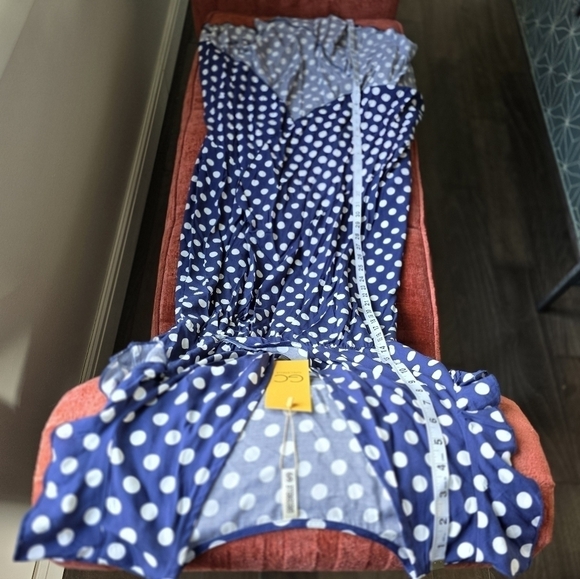 NWT Grecerelle V-Neck Faux Wrap Blue White Polka Dot Dress Ruffle Sleeve Sz. S - Picture 11 of 14